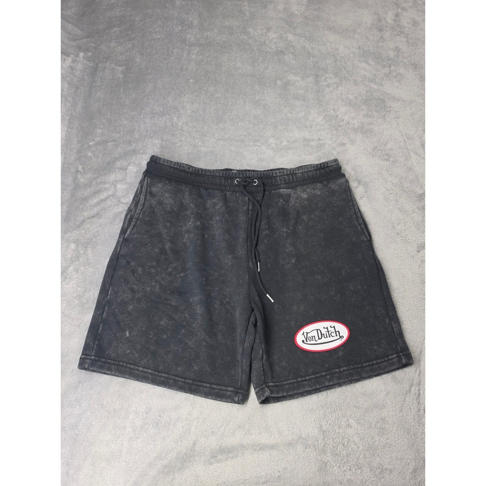 New Von Dutch Mens Mineral Wash Fleece Sweat Shorts Black Acid Wash Logo Large